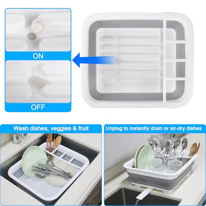 Collapsible Dish Drying Rack with Drain Plug Tube, Portable Dish Drainers for Kitchen Counter, Folding Dish Rack Over Sink Drying Dinnerware,Kitchen Sink Organizer Travel Trailer RV Camping Essentials