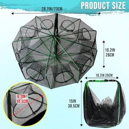 Fishing Bait Trap Crab Trap Minnow Traps, Foldable Net for Blue Crabs Lobster Shrimp Crawfish with Rope and Crabbing Equipment - color: Black-2 Pack, size: 10 Holes-28.7" x 10.2"