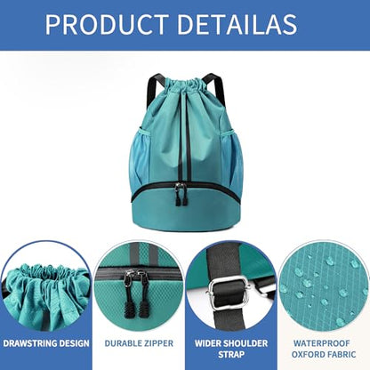 JELUTAR Drawstring Backpack Gym Bag with Shoes Compartment, Teal - color: Teal, size: Large