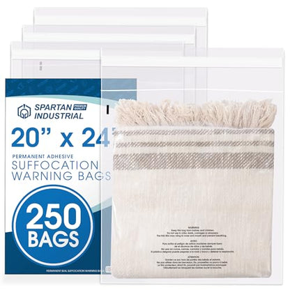 Spartan Industrial - 20" X 24" (250 Count) Self-Seal Clear Poly Bags With Suffocation Warning for Packaging, Bedding, Costumes - Permanent Adhesive - size: 20" x 24"