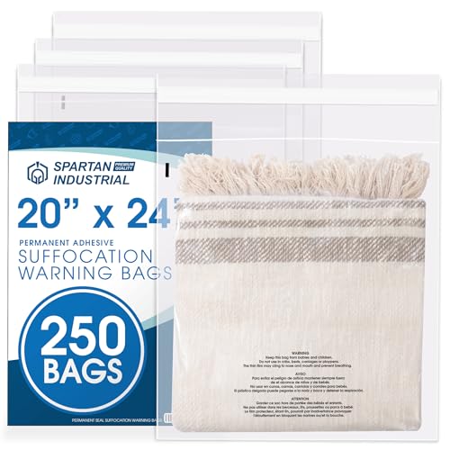 Spartan Industrial - 20" X 24" (250 Count) Self-Seal Clear Poly Bags With Suffocation Warning for Packaging, Bedding, Costumes - Permanent Adhesive - size: 20" x 24"
