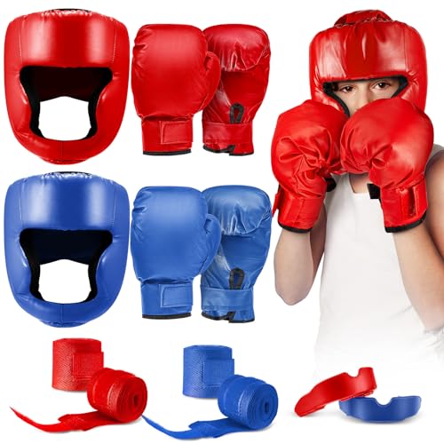 Kanayu 12 Pcs Kids Boxing Gear Set Helmet Gloves Hand Wraps - color: Blue, Red