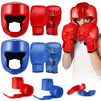 Kanayu 12 Pcs Kids Boxing Gear Set Helmet Gloves Hand Wraps - color: Blue, Red