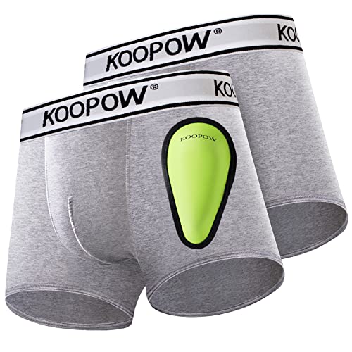 KOOPOW Youth Boys Compression Shorts with Soft Protective Athletic Cup - color: 0202-grey(2-pack), size: Medium