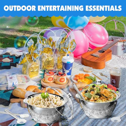 MEHOEIME Large Ice Chill Salad Bowl with Lid, Iced Serving Bowl with Ice Chiller Base For Parties, Keep Food Cold at Party, Ice Chilled Tray, Long Spoons, Extra, Clear
