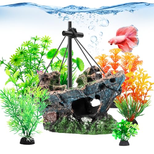 8 Pack Fish Tank Decoration Set Aquarium Accessories，Sunken Ship Decoration Aquarium Plants — Safe Resin Fish Tank Decor for Betta, Shrimp (5.3 x 2.5 x 4.5 inches) - size: 8 Pcs