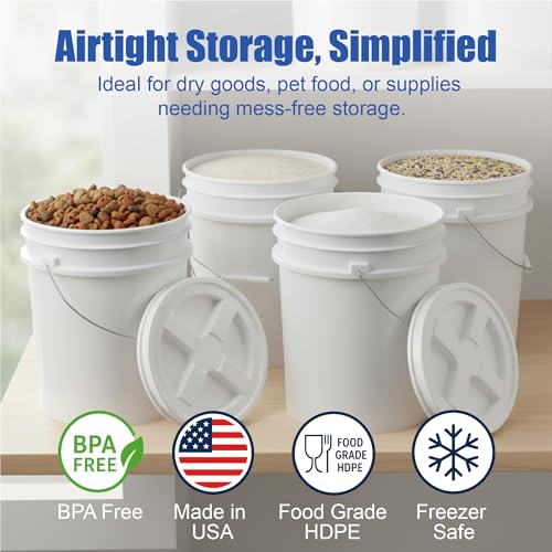 5 Gallon Bucket - Food Grade Bucket, Metal Handle Grip, BPA-Free, Heavy-Duty 90 Mil HDPE Plastic Pail, Stackable Utility Container, Made in USA, Lid Not Included, White, 6 Packs