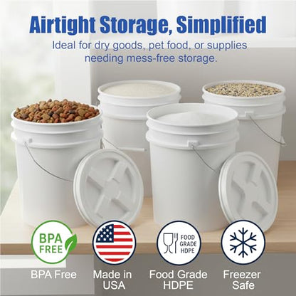 5 Gallon Bucket - Food Grade Bucket, Metal Handle Grip, BPA-Free, Heavy-Duty 90 Mil HDPE Plastic Pail, Stackable Utility Container, Made in USA, Lid Not Included, White, 6 Packs