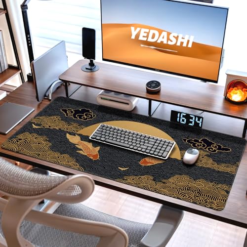 Waterproof Large Gaming Mouse Pad 31.5x15.7 Inch, XXL Mousepad with Non-Slip Rubber Base & Stitched Edges, Extended Desk Mat for Computer/Laptop/Office,Japanese Koi Fish