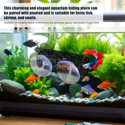 2pcs Betta Fish Tunnels, Black Aquarium Hammock Hideout Cave with 4 Suction Cups Safe Small Hole Hollow Design for Small Fish Shrimp Guppies Betta Tank Accessories & Decor