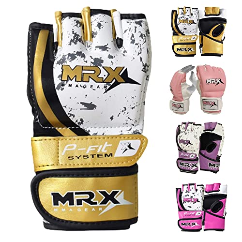 MRX MMA Gloves Boxing Gloves for Men & Women | Kickboxing Gloves with Open Palms Grappling Gloves for Punching Bag | Sparring Muay Thai MMA Glove - color: Golden, size: Small