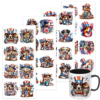 4 PCS 4th of July Dog UV DTF Cup Wrap, Rub on Transfer Stickers for 16oz Glass Mugs, High Viscosity Permanent UV DTF Sticker, Coffee Cups, Water Bottles and Personalized Crafts - style: 4th of July Dog