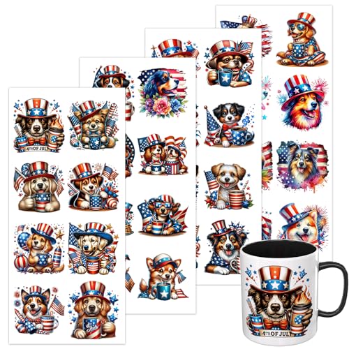 4 PCS 4th of July Dog UV DTF Cup Wrap, Rub on Transfer Stickers for 16oz Glass Mugs, High Viscosity Permanent UV DTF Sticker, Coffee Cups, Water Bottles and Personalized Crafts - style: 4th of July Dog