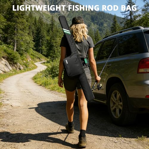 Fishing Rod Case, 52inch Fishing Pole Bag (3.9ft-4.4ft) with Tackle Pockets, Fits Break-Down Spinning, Casting Rod Reel Combo, Padded Soft Rod Bag with Strap Handle, Pole Travel Case, Green