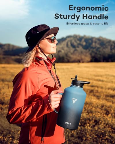 Topre 64oz Water Bottle Insulated with Handle,Double-Wall Vacuum Stainless Steel (Cold for 48 Hrs), Half Gallon Water Jugs,Reusable Metal Water Flask with Carry Pouch,Straw & Spout Lid,Indigo Black - color: Indigo Black with Handle, size: 64 Ounces