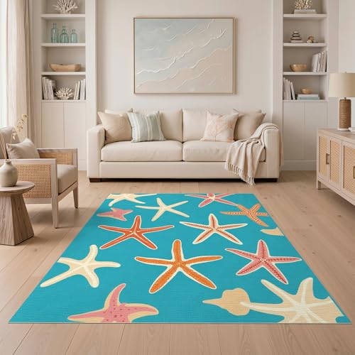 5'x7' Washable Beachy Starfish Area Rug, Teal Non-Shedding Pet Friendly Carpet Easy Care Kids Safe Mat for Small Living Room, Playroom, Bedroom | Ref:1891133 - color: Blue/Pattern 3, size: 5' x 7' (Rectangular)
