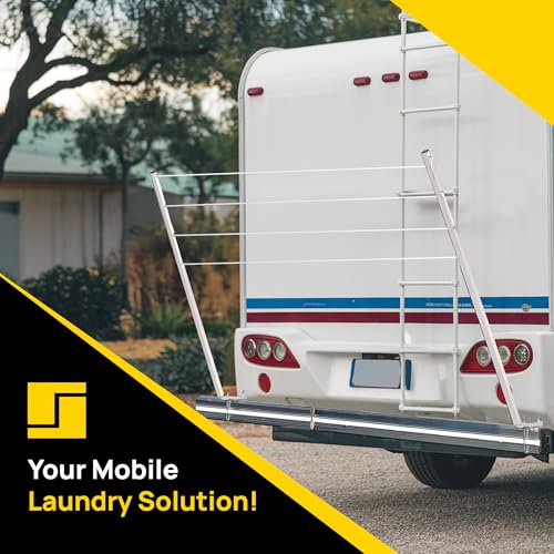 Stromberg Carlson CL-100 Bumper Mounted Clothesline - 48" aluminum foldable travel drying rack for RV Bumper, camper, and outdoor use; 84" hanging space, ideal RV clothesline and camping laundry rack.