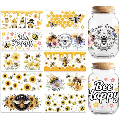 UV DTF Cup Wraps Transfer Stickers Bee with Gnome and Sunflower Pattern, 10 Sheets Waterproof Custom Vinyl Transfer Sticker 16oz Coffee Glass Cup Tumbler Bottle Mug Decals for Men Women - style: Bee with Gnome and Sunflower