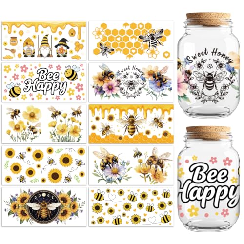 UV DTF Cup Wraps Transfer Stickers Bee with Gnome and Sunflower Pattern, 10 Sheets Waterproof Custom Vinyl Transfer Sticker 16oz Coffee Glass Cup Tumbler Bottle Mug Decals for Men Women - style: Bee with Gnome and Sunflower