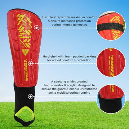 Vizari Malaga Soccer Shin Guards for Kids | Soccer Gear for Boys Girls | Protective Soccer Equipment | Adjustable Straps - color: Red