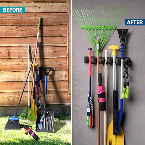2 Pack Mop and Broom Holder Wall Mount Hanger, Heavy Duty, 5 Slots 4 Hooks - color: Black, size: 2 Pack 5-position, 6-Hooks
