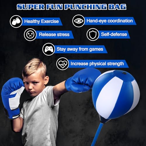 Punching Bag Set Toy with Boxing Gloves, Ideal Birthday for Kids Ages 3-8+ - color: Blue