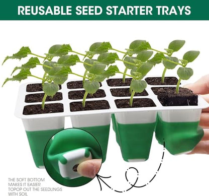 Self Watering Seed Starter Tray with Grow Light, 10-Pack 120-Cell Reusable Seed Starter Kit with Soft Silicone, Plant Germination Trays with Humidity Dome for Seeding Planting Growing