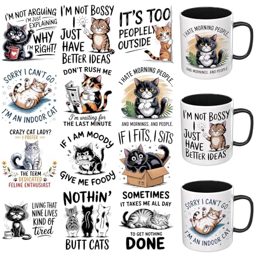 12 PCS UV DTF Cup Wrap Stickers, Funny Cat Sarcastic Quotes Rub on Transfers for Crafts, Permanent DIY Transfer Decals for 16oz Libbey Glass Cans, Mugs, Candles, Easy to Apply Art Stickers - style: Funny Cat Sarcastic Quotes