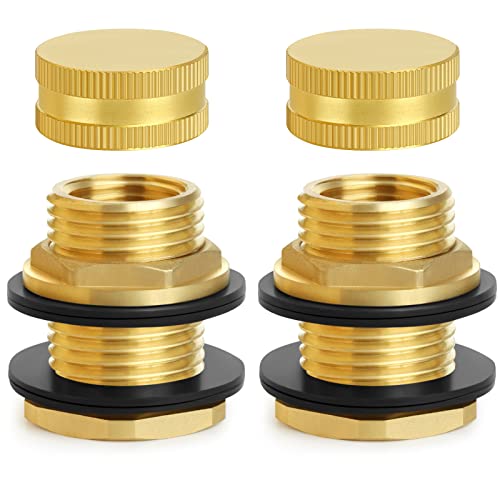 Brass Male Garden Hose Bulkhead Fitting With Plug, 1/2" Female NPT, 3/4" Male GHT (garden Hose Thread), Brass Tank Connector/drain/flush Port Kit For Rain Barrels, Aquariums, Sinks，2 Pack