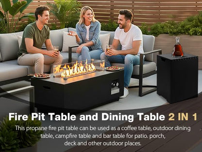 42-inch Outdoor Propane Gas Fire Pit Table 50000 BTU Iron Rectangle Firepit for Outside Patio with Tank Hidden Table, Wind Guard, Removable Lid, Lave Rocks, Waterproof Cover, Balck - size: 42"D