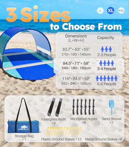 Beach Tent with Double Zippered Doors, Beach Tent Sun Shelter with UPF50+ UV Protection, Beach Canopy Portable Storage Bag for Beach Camping Fishing, for 3-4 People - size: 3-4 Person