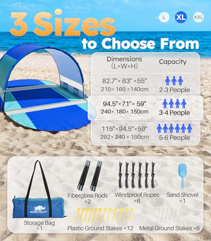 Beach Tent with Double Zippered Doors, Beach Tent Sun Shelter with UPF50+ UV Protection, Beach Canopy Portable Storage Bag for Beach Camping Fishing, for 3-4 People - size: 3-4 Person