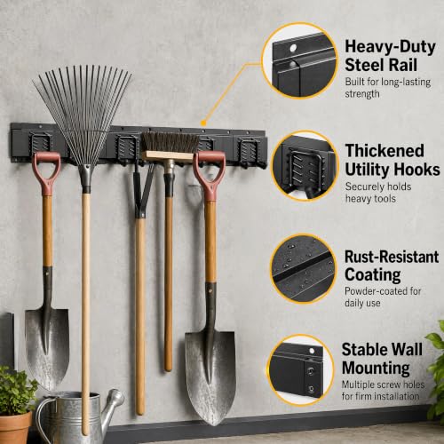 CBWLWJ 64 Inch Garage Tool Organizer Wall Mount, Heavy Duty Steel Storage Rack with 10 Adjustable Hooks, 680 lbs Capacity for Garage, Shed, Basement, Workshop,（Black） - size: 64inch+10Hooks+2strap