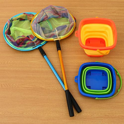 Kids Fishing Net, 2 Pack Telescopic Landing Nets with Aluminum Pole Handle, Collapsible Bucket Sand Pail, Butterfly Net, Fishing Net for Youth, Outdoor Playing - color: Blue and Orange