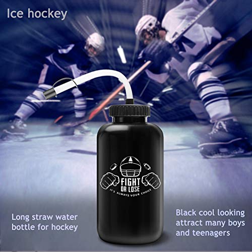 Hockey Water Bottles with Long Straw, Fit for Football Lacrosse Gym Sport, Plastic Squeezable Leakproof BPA Free, No Strange Smell, Easy to Clean, 1 Liter 32 oz (3 Straw Caps) (black) - color: black