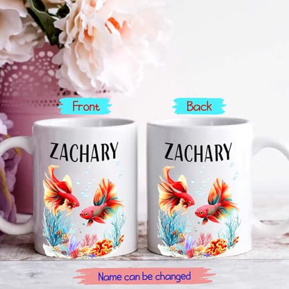 Personalized Betta Fish Coffee Mugs Gifts For Friends Coworkers, Custom Name Betta Fish White Mugs 11 Oz, Betta Fish Coffee Cup Gift For Betta Fish Lovers Birthday, Siamese Fighting Fish Accent Mug