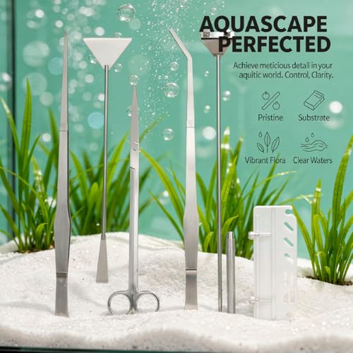 6 Pcs Stainless Steel Tools Kit, Silver Aquarium Plant Tools Set, Includes Algae Scraper, Tweezers 15 in / 38 Cm, Scissors 11.8 in / 30 Cm, Sand Spatula 12.6 in / 32 Cm, with Acrylic Holder