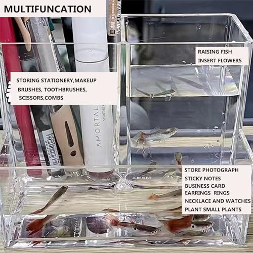 Mini Clear Acrylic Fish Tank Kit,Multifunctional Desk Aquarium Set with Tools,Pen Holder Makeup Brush Organizer,Micro Landscape Box for Home Office Decor,2 Pieces