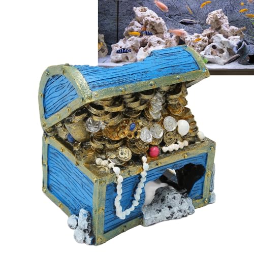 5.1 Inch Blue Resin Treasure Chest Landscape Hideaway Treasure Box Decorative Chest Fish Tank Aquarium Ornament