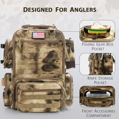 Fishing Backpack, Fishing Tackle Backpack with Rod Holders for 4 Boxes (Box Not Included) 45L Waterproof Fishing Gear, Ideal for Men and Women Large Tackle Box Bag (Sahara Khaki Camo) - color: Sahara Khaki Camo
