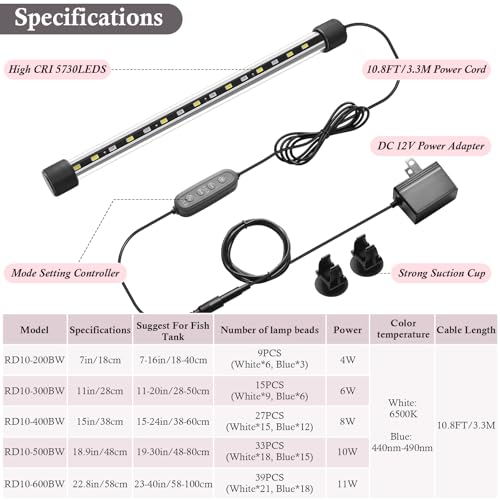 Dirvin 6W LED Fish Tank Light with Timer, Submersible Aquarium Light, 24/7 Mode Sunrise-Daylight-Moonlight and 3 Colors Adjustable Brightness, Auto On/Off, 11in - size: 11in