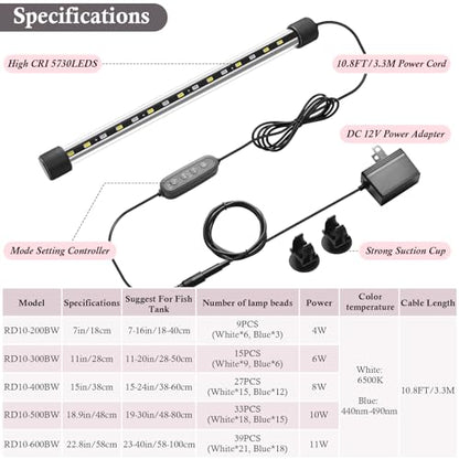Dirvin 6W LED Fish Tank Light with Timer, Submersible Aquarium Light, 24/7 Mode Sunrise-Daylight-Moonlight and 3 Colors Adjustable Brightness, Auto On/Off, 11in - size: 11in
