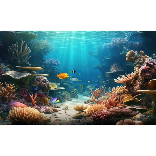 Under The Sea Aquarium Background Ocean Panorama Terrarium Background Underwater Coral Reef Tropical Fish Group Fish Tank Backdrop Deep Sea Ocean with Sunbeams Aquarium Background Poster 24x16in - color: Brown, size: 24(W)x16(H)in
