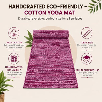 LFH Home Handmade Cotton Yoga Mat Cotton Rug picnic mat For Exercise, Workout, Fitness - Perfect Heavy Quality Eco Friendly Natural Cotton Woven Reversible Yoga Mats for Men & Women - 72x26 Inch. - color: Magenta