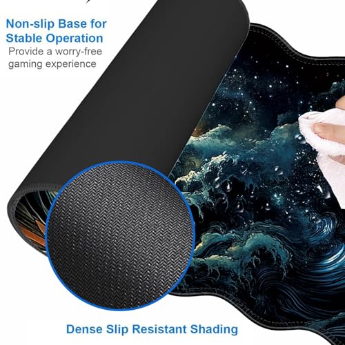 Large Gaming Mouse Pad, Keyboard Wrist Rest Pad & Wrist Support Mousepad Set, Stitched Edge, Extended, Non-Slip Base, Memory Foam Desk Mat for Office, Home,Japanese Sea Wave - color: Japanese Sea Wave