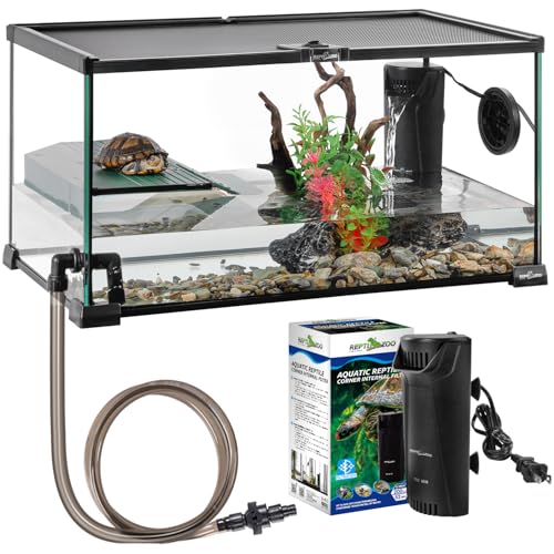 REPTIZOO Glass Turtle Tank Kit, 10 Gallon Turtle Tank Starter Kit with Drainage System, Basking Platform and Quiet Aquarium Corner Internal Filter, 20" x 12" x 10" Aquatic Terrarium
