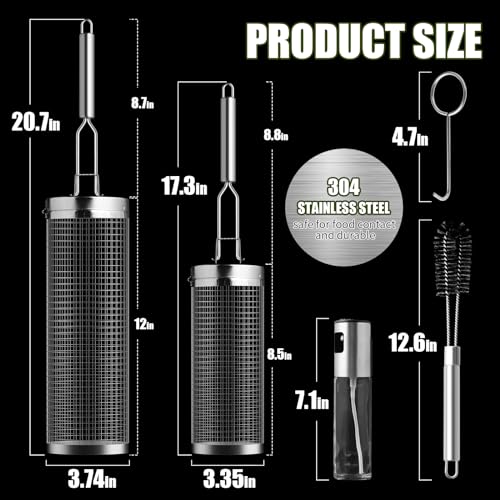 Rolling Grill Baskets (2PCS), 304 Stainless Steel with Removable Stainless Steel Handle, Rolling Grilling Net, BBQ Accessories Tools for Vegetables Shrimp, Outdoor Cooking Camping, Gifts for Men Dad Husband