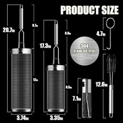 Rolling Grill Baskets (2PCS), 304 Stainless Steel with Removable Stainless Steel Handle, Rolling Grilling Net, BBQ Accessories Tools for Vegetables Shrimp, Outdoor Cooking Camping, Gifts for Men Dad Husband