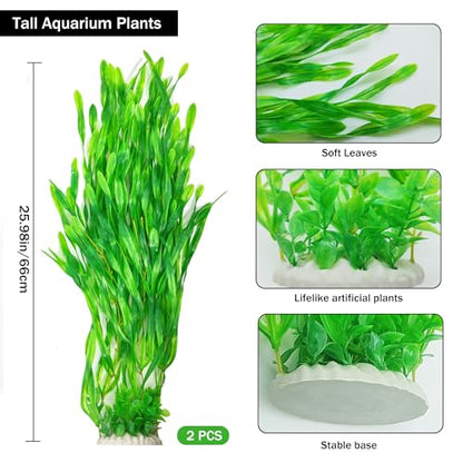 25.98 Inch Tall Aquarium Plants – 2 Pcs Fish Tank Plants Plastic, Large Lifelike Artificial Fish Tank Decorations, Durable & Safe for Freshwater/Saltwater Aquariums (Green (Style B))