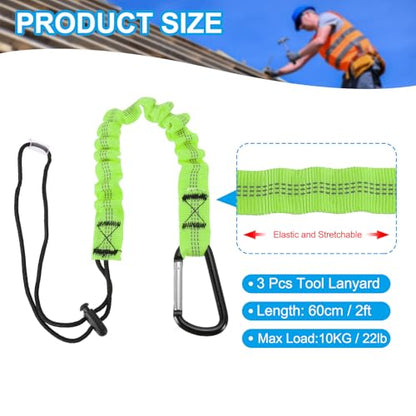MECCANIXITY Retractable Tool Lanyard 2ft with Single Aluminum Buckle and Adjustable Loop End, Maximum Weight Limit 10KG / 22lb, Safety Fall Protection Tools Leash, Green 3 Pack - color: Green, size: 2ft